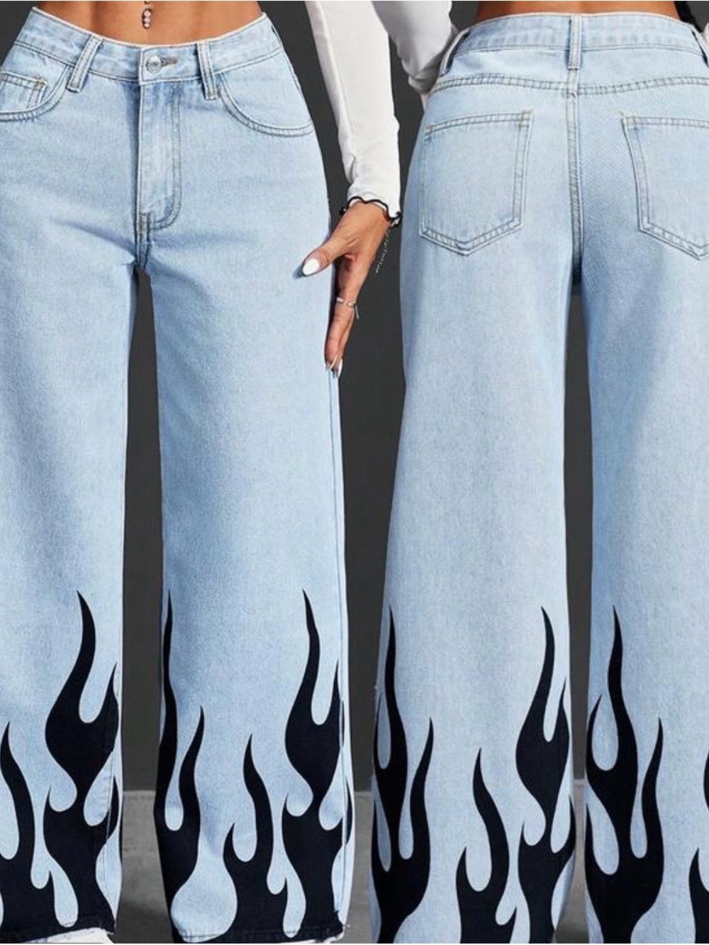 SHEIN Womens Light Wash Flame Jeans Black Fire Y2K Skater Mall Goth 26